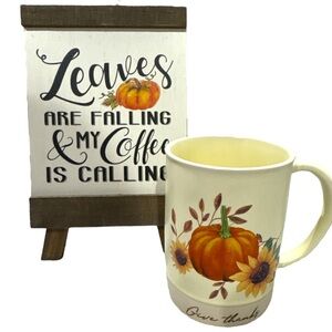 Give Thanks Thanksgiving Coffee Calling Mug + Leaves Are Falling Wooden Sign